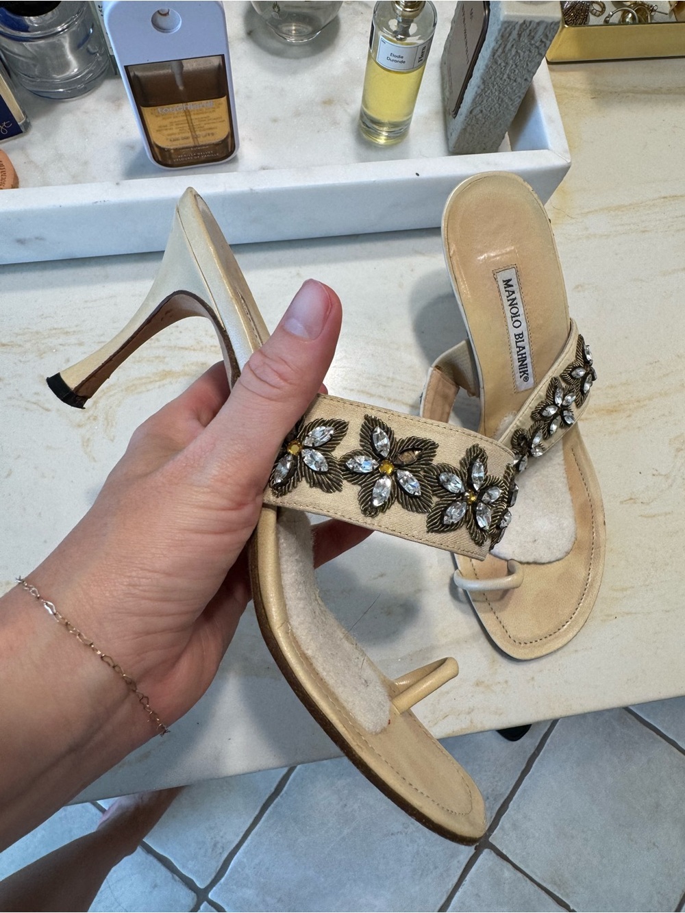 Manolo Blahnik Beige Crystal Floral-Embellished Toe-Ring Mules